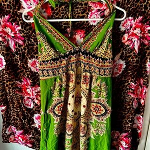 African-American pattern, bright green, long halter neck dress